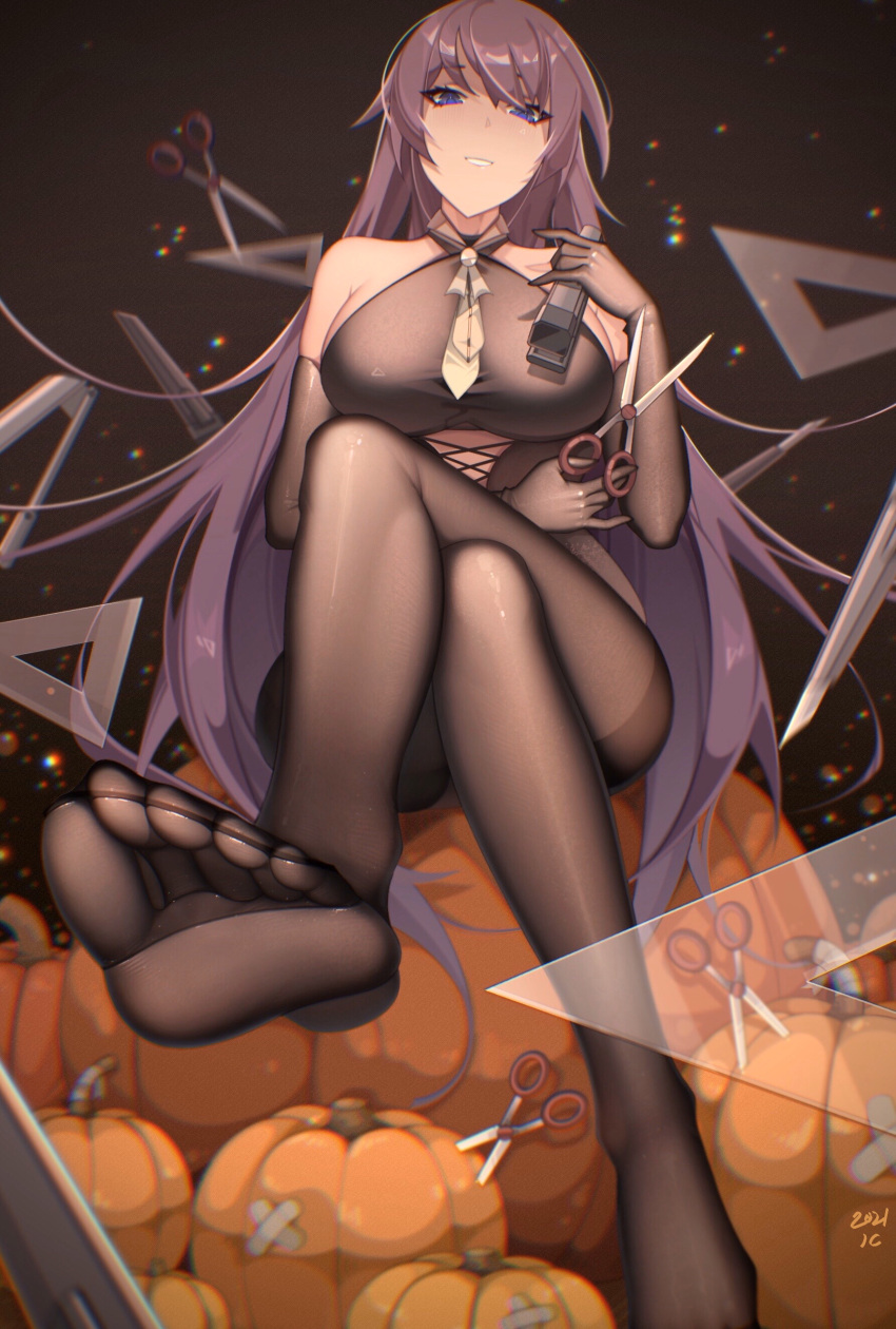 absurdres bad_id bad_pixiv_id bakemonogatari bare_shoulders black_pantyhose blue_eyes blush boxcutter breasts chromatic_aberration commentary crossed_legs dorsiflexion elbow_gloves feet female foot_focus from_below gloves halterneck highres holding holding_scissors large_breasts legs long_hair looking_at_viewer monogatari_(series) no_shoes pantyhose parted_lips pumpkin purple_hair scissors senjougahara_hitagi senjouhara_nira sheer_gloves signature sitting smile soles solo stapler stationery symbol-only_commentary thighband_pantyhose toes very_long_hair