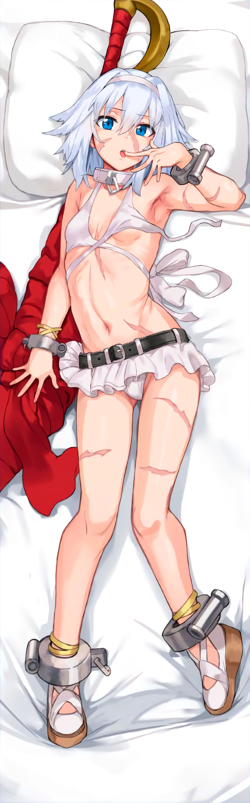 absurdres armpits bikini blue_eyes breasts dakimakura_(medium) fate/grand_order fate_(series) female hews highres looking_at_viewer mary_read_(fate) mary_read_(swimsuit_archer)_(fate) mary_read_(swimsuit_archer)_(first_ascension)_(fate) navel non-web_source pirate scar scar_on_cheek scar_on_face short_hair small_breasts swimsuit white_bikini white_hair