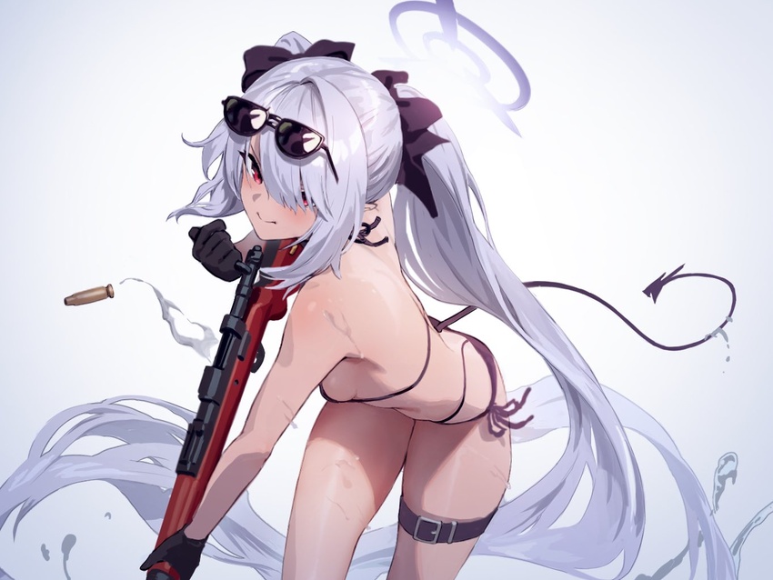 bikini black_gloves blue_archive blush bolt_action breasts closed_mouth dark-skinned_female dark_skin eyewear_on_head female gesoking gloves grey_hair gun hair_between_eyes hair_over_one_eye halo holding holding_gun holding_weapon iori_(blue_archive) iori_(swimsuit)_(blue_archive) long_hair looking_at_viewer mauser_98 multi-strapped_bikini_bottom red_eyes reloading rifle side-tie_bikini_bottom sideboob simple_background small_breasts smoke sunglasses swimsuit tail thigh_strap very_long_hair water weapon