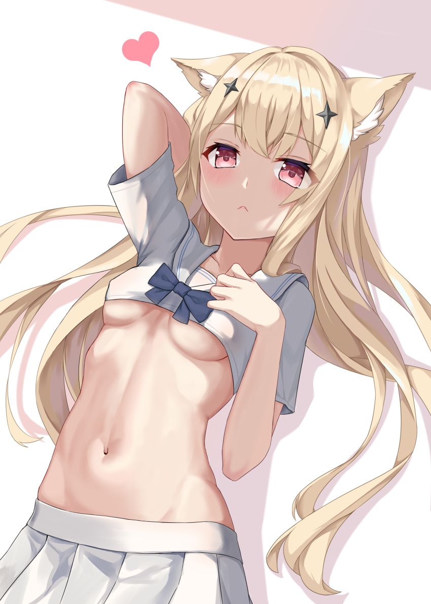 :< absurdres animal_ear_fluff animal_ears arm_behind_head arm_up bad_id bad_pixiv_id blonde_hair blue_bow blue_bowtie blush bow bowtie breasts chucolala collarbone cowboy_shot crop_top eyes_visible_through_hair female hair_between_eyes hair_ornament hand_on_own_chest hand_up heart highres jawr8473 long_hair looking_at_viewer navel pleated_skirt red_eyes sailor_collar sailor_shirt shadow shirt short_sleeves simple_background skirt solo stomach suzumiya_rin underboob upper_body virtual_youtuber white_background white_shirt white_skirt