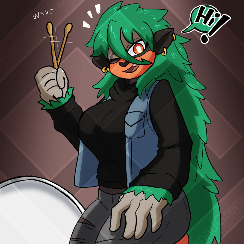 1:1 abstract_background anthro ape big_breasts black_clothing black_hoodie black_topwear breasts clothed clothing denim denim_clothing denim_jacket denim_topwear dialogue diamond_grenadier digital_media_(artwork) drum drumstick_(musical) ear_piercing ear_ring english_text female fully_clothed generation_8_pokemon gold_(metal) gold_ear_ring gold_jewelry gorilla green_hair hair haplorhine hi_res hoodie jacket jewelry leaf leaf_hair mammal musical_instrument nintendo one_eye_closed percussion_instrument piercing plant plant_hair pokemon pokemon_(species) pokemorph portrait primate pseudo_hair rillaboom ring_piercing sitting solo speech_bubble text three-quarter_portrait topwear