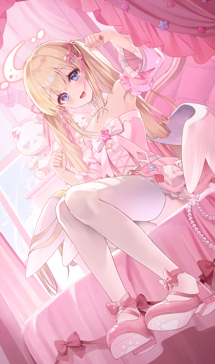 :d absurdres angel angel_wings bare_shoulders blonde_hair blue_eyes bow breasts choker detached_sleeves eyebrows_hidden_by_hair female hair_between_eyes hair_ribbon highres indie_virtual_youtuber iop5509 long_hair long_sleeves looking_at_viewer neckerchief official_art open_mouth paw_pose pink_footwear pink_ribbon pink_theme ribbon shoes sitting small_breasts smile solo thighhighs twintails virtual_youtuber white_neckerchief wings yuzuki_ruina