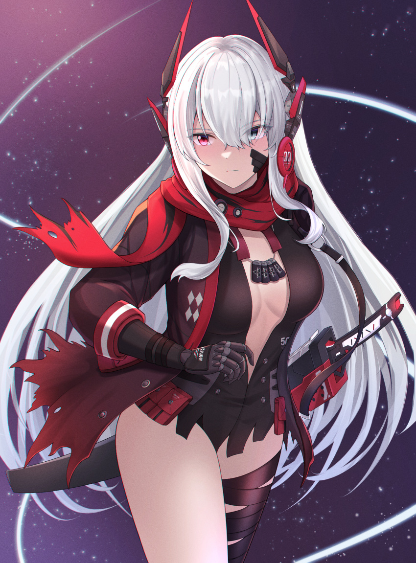 alpha_(punishing:_gray_raven) asymmetrical_legwear bandaged_leg bandages bandaid bandaid_on_cheek bandaid_on_face bare_legs black_shirt breasts cesvelox female grey_eyes headgear headphones heterochromia highres jacket long_hair lucia:_crimson_abyss_(punishing:_gray_raven) mechanical_arms open_clothes open_shirt punishing:_gray_raven red_eyes red_jacket red_scarf scarf shirt sidelocks small_breasts solo sword very_long_hair weapon white_hair