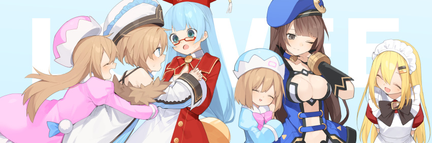 6+girls absurdres alternate_hair_color apron arm_up back bare_shoulders beret black_bow black_neckwear blanc_(neptunia) blonde_hair blue_bow blue_dress blue_eyes blue_hair blunt_bangs bow bowtie breasts brown_eyes brown_hair buran_buta c-sha choker cleavage closed_eyes closed_mouth coat collarbone dress eye_contact eyewear_on_head facing_viewer financier frilled_hairband frills from_side fur-trimmed_coat fur_trim glasses hair_between_eyes hair_ornament hairband hairclip hand_on_own_neck hands_up happy hat headwear_request highres holding_hands hug incoming_hug jacket large_breasts light_brown_hair long_hair long_sleeves looking_at_another low-tied_long_hair low_twintails maid maid_headdress medium_hair multiple_girls neptune_(series) nishizawa_mina off_shoulder one_eye_closed open_mouth pink_dress puffy_short_sleeves puffy_sleeves ram_(neptunia) red-framed_eyewear red_bow red_bowtie red_jacket rom_(neptunia) semi-rimless_eyewear shin_jigen_game_neptune_vii short_sleeves siblings sidelocks sisters spaghetti_strap standing star_(symbol) sweatdrop swept_bangs twins twintails very_long_hair white_apron white_hairband wide_sleeves