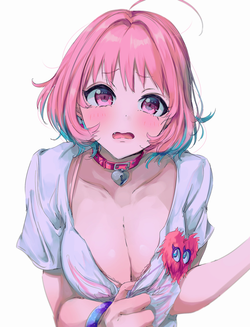 ahoge bad_id bad_pixiv_id blue_hair blush bra breasts cleavage cleavage_reach collar collarbone commentary_request earrings female heart_on_chest highres idolmaster idolmaster_cinderella_girls jewelry large_breasts looking_at_viewer multicolored_hair najuco_(naju0517) oerba_yun_fang open_mouth pill_earrings pink_bra pink_eyes pink_hair shirt short_hair short_sleeves solo two-tone_hair underwear upper_body white_shirt yumemi_riamu