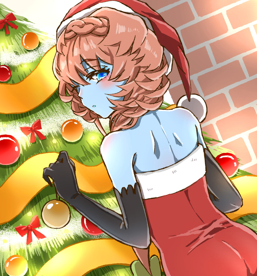 ass bare_shoulders black_gloves blue_eyes blue_skin blush bow braid brick_wall christmas_tree colored_skin crown_braid decorating dress elbow_gloves fate/grand_order fate_(series) female from_behind gloves hat highres long_hair looking_at_viewer looking_back ornament red_bow santa_dress santa_hat shimogamo_(shimomo_12) side_braid solo van_gogh_(fate) van_gogh_(second_ascension)_(fate)