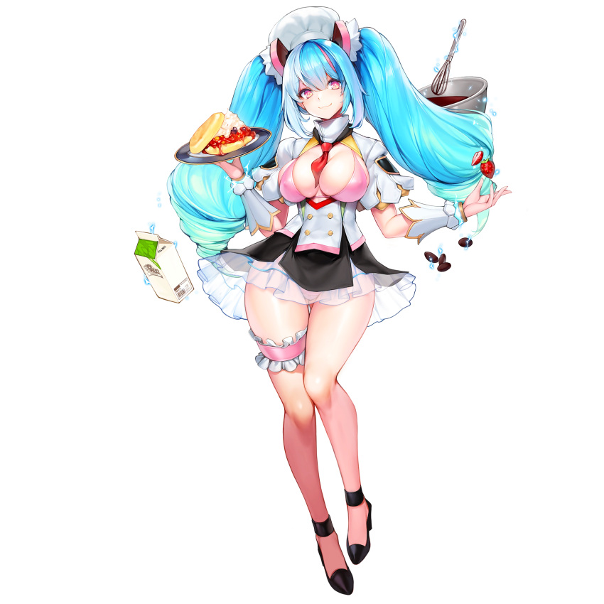 :3 aurora_(last_origin) between_breasts bikini blue_hair breasts chef chef_hat chocolate chocolate_making cleavage cleavage_cutout clothing_cutout dress drill_hair female food fruit full_body game_cg hair_between_eyes hat high_heels highres large_breasts last_origin long_hair looking_at_viewer milk_carton mixing_bowl necktie necktie_between_breasts official_art patissier pink_eyes red_necktie short_dress short_necktie sidelocks smile snowball22 solo star-shaped_pupils star_(symbol) strawberry swimsuit symbol-shaped_pupils tachi-e thigh_gap transparent_background twin_drills twintails whisk wide_hips