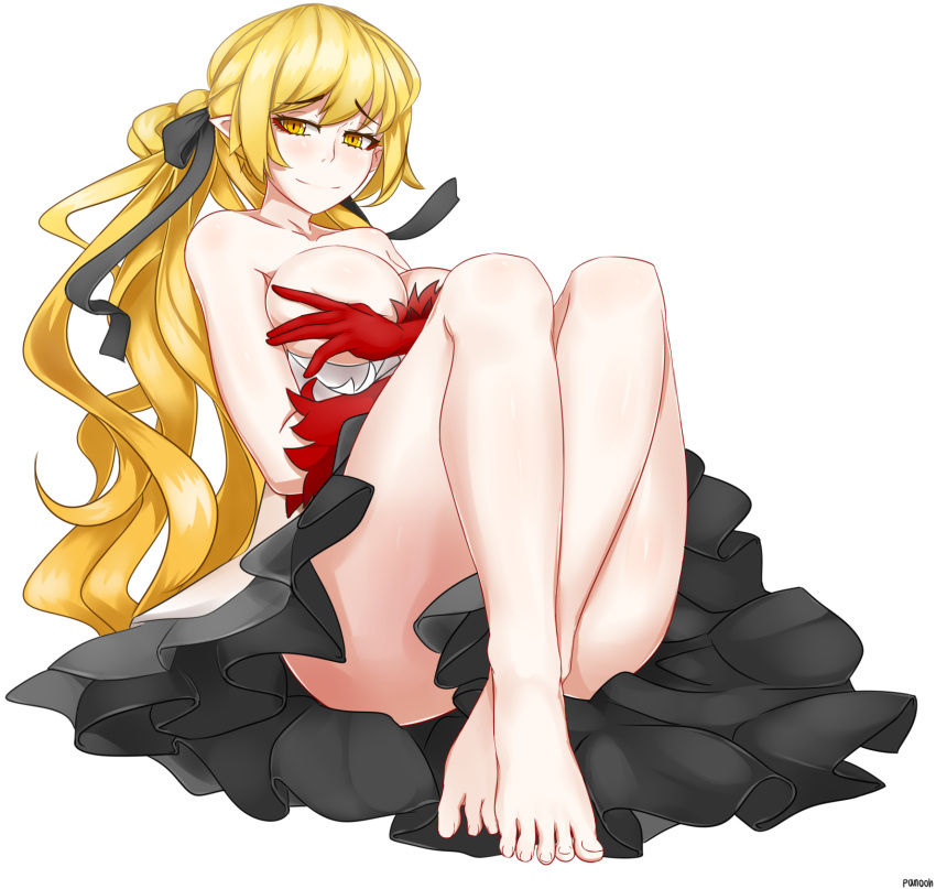 bare_shoulders barefoot blonde_hair blush breasts collarbone covering_breasts covering_privates dress feet female full_body highres kiss-shot_acerola-orion_heart-under-blade kizumonogatari large_breasts long_hair monogatari_(series) oshino_shinobu pan-ooh pointy_ears ponytail smile solo toes transparent_background very_long_hair yellow_eyes