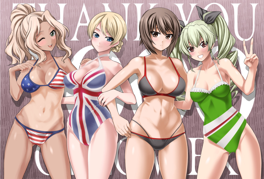 4girls ;d adjusting_bow alternate_hairstyle american_flag american_flag_bikini american_flag_print anchovy_(girls_und_panzer) arm_around_back ass_visible_through_thighs bikini bikini_bottom_only black_bikini black_ribbon blonde_hair blue_eyes blush bow braid breasts brown_eyes brown_hair casual_one-piece_swimsuit closed_mouth commentary_request covered_navel criss-cross_halter darjeeling_(girls_und_panzer) drill_hair flag_print frown girls_und_panzer green_hair green_one-piece_swimsuit grin hair_intakes hair_ribbon hair_up halterneck hand_on_another's_shoulder head_tilt kay_(girls_und_panzer) large_breasts leaning_to_the_side locked_arms long_hair looking_at_viewer medium_breasts milestone_celebration multi-strapped_bikini multiple_girls navel nishizumi_maho one-piece_swimsuit one_eye_closed open_mouth partial_commentary print_bikini print_swimsuit red_eyes ribbon saitou_gabio short_hair skindentation smile standing stomach swimsuit tan tanlines text_background thank_you tied_hair trait_connection twin_drills twintails v variant_set