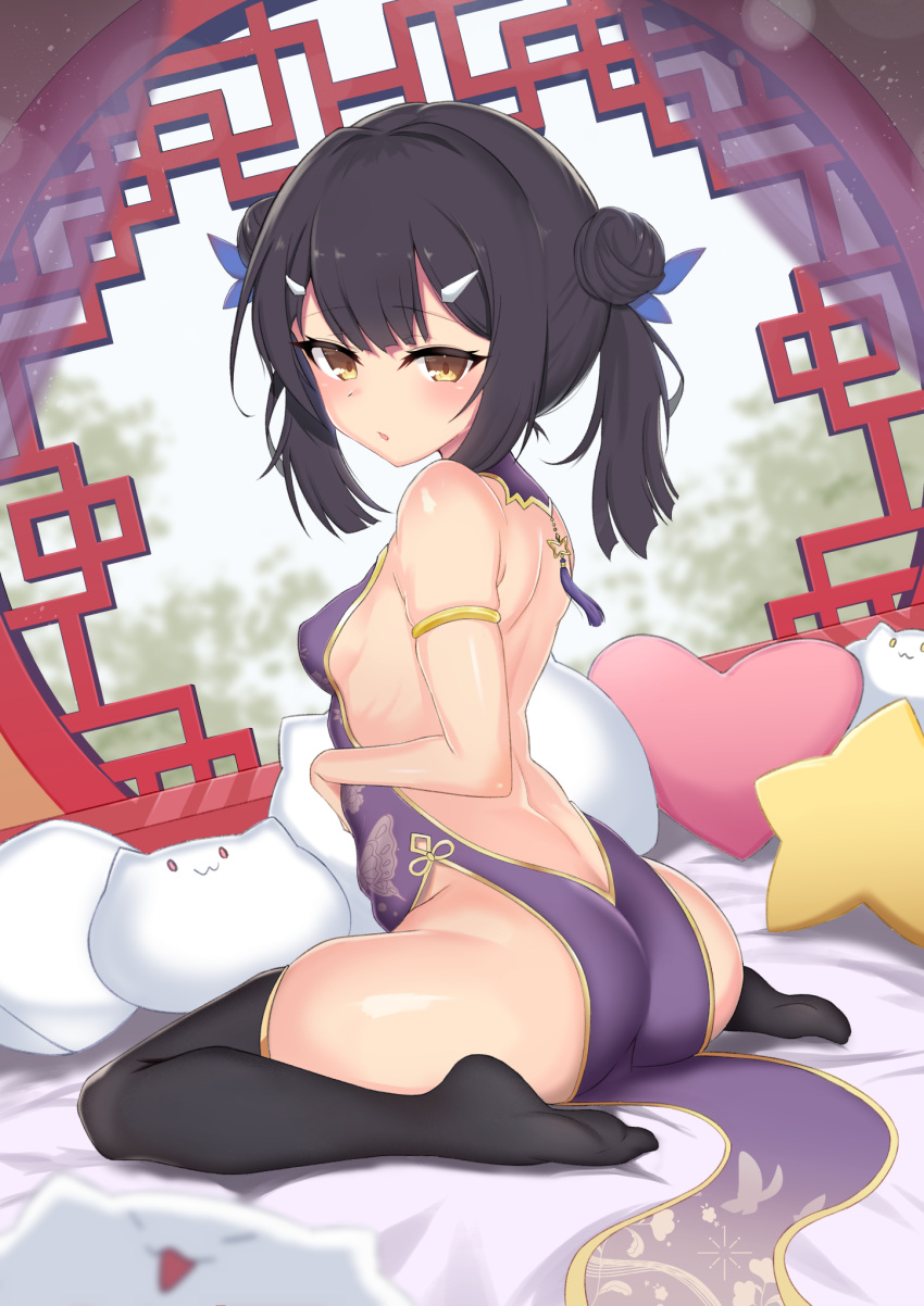 armlet ass back backless_outfit bare_shoulders black_hair black_thighhighs blush breasts brown_eyes china_dress chinese_clothes covered_nipples coyomin double_bun dress fate/kaleid_liner_prisma_illya fate_(series) female hair_bun hair_ornament hairclip highres long_hair looking_at_viewer looking_back miyu_edelfelt no_shoes open_mouth pelvic_curtain purple_dress side_slit sideboob sitting small_breasts solo tassel thighhighs twintails wariza