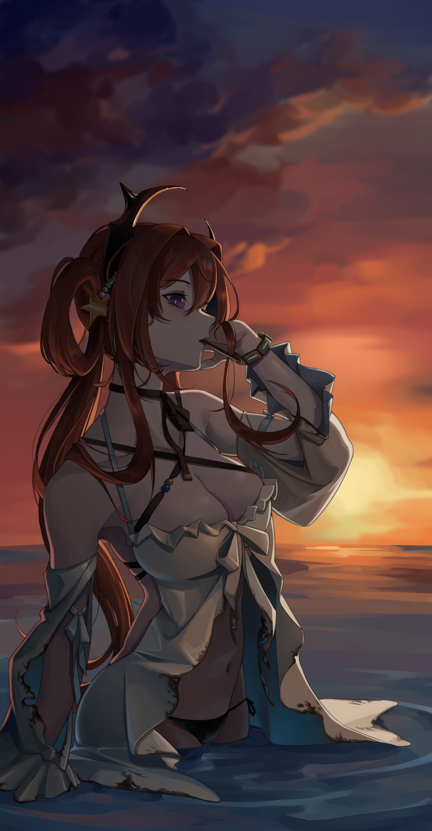 absurdres arknights backlighting bad_id bad_pixiv_id bare_shoulders bikini bikini_under_clothes black_bikini black_choker bracelet breasts burnt_clothes choker cleavage cloud cloudy_sky collarbone cowboy_shot cy9 detached_sleeves evening female hair_ornament hair_rings highres horizon horns jewelry large_breasts long_hair long_sleeves mouth_hold navel ocean official_alternate_costume popsicle_stick purple_eyes red_hair side-tie_bikini_bottom sky solo star_(symbol) star_hair_ornament sunlight sunset surtr_(arknights) surtr_(colorful_wonderland)_(arknights) swimsuit very_long_hair wading water