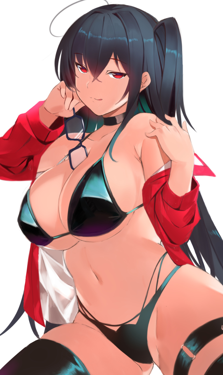 absurdres azur_lane bare_shoulders bikini black_bikini black_choker black_hair black_thighhighs blush breasts choker cleavage commentary_request female hair_between_eyes hands_up highres holding holding_removed_eyewear jacket kameponde large_breasts long_hair looking_at_viewer navel official_alternate_costume partial_commentary race_queen red_eyes red_jacket solo swimsuit taihou_(azur_lane) taihou_(enraptured_companion)_(azur_lane) thighhighs unworn_eyewear