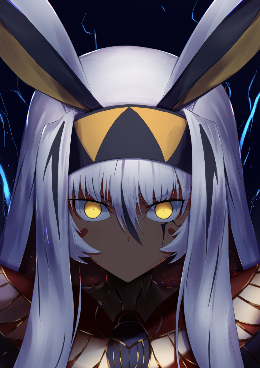 absurdres animal_ears antenna_hair black_hair colored_inner_hair dark-skinned_female dark_skin earrings facepaint facial_mark fate/grand_order fate_(series) female glowing glowing_eyes hairband highres hoop_earrings jackal_ears jewelry long_hair looking_at_viewer multicolored_hair nitocris_(fate) nitocris_alter_(fate) nitocris_alter_(first_ascension)_(fate) sidelocks solo streaked_hair tsukinaga usekh_collar very_long_hair white_hair yellow_eyes