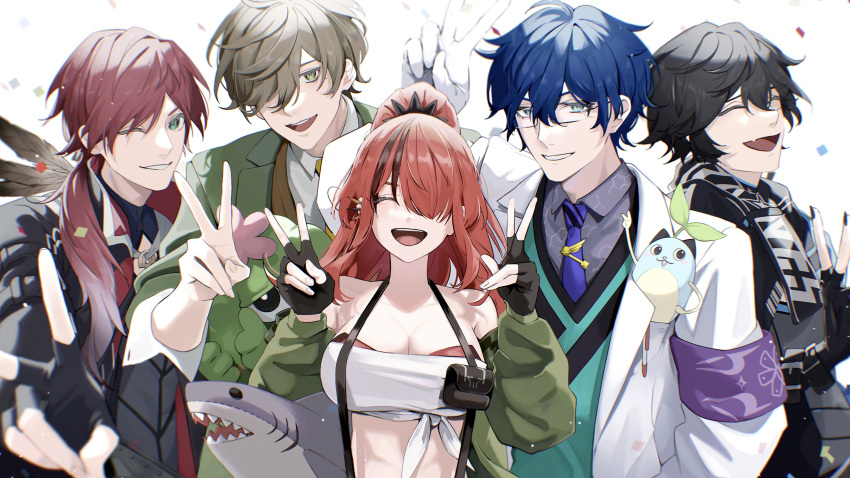 4boys :d ^_^ absurdres armband axia_krone axia_krone_(1st_costume) bandeau bare_shoulders black_gloves black_hair black_jacket blue_eyes blue_hair closed_eyes commentary_request double_v eden-gumi facing_viewer female glasses gloves green_eyes green_jacket grey_eyes grey_hair grin hands_up highres jacket lain_paterson lain_paterson_(1st_costume) lauren_iroas lauren_iroas_(1st_costume) leos_vincent leos_vincent_(1st_costume) long_hair looking_at_viewer midriff multicolored_hair multiple_boys nijisanji off_shoulder oliver_evans oliver_evans_(1st_costume) one_eye_closed open_clothes open_jacket open_mouth pouch red_hair shiota_binro short_hair simple_background smile stomach strapless streaked_hair stuffed_animal stuffed_shark stuffed_toy suspenders tube_top upper_body v very_long_hair virtual_youtuber white_background white_jacket