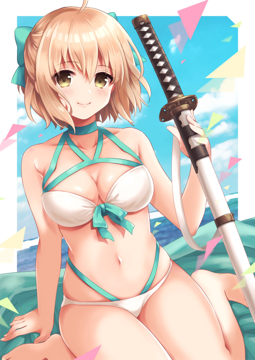 absurdres ahoge aqua_bow bare_shoulders bikini blonde_hair blush bow breasts choker fate/grand_order fate_(series) female grey_eyes hairbow highleg highleg_bikini highres large_breasts looking_at_viewer navel okita_j._souji_(fate) okita_j._souji_(third_ascension)_(fate) okita_souji_(fate) pika_mouse sitting smile swimsuit thighs wariza white_bikini