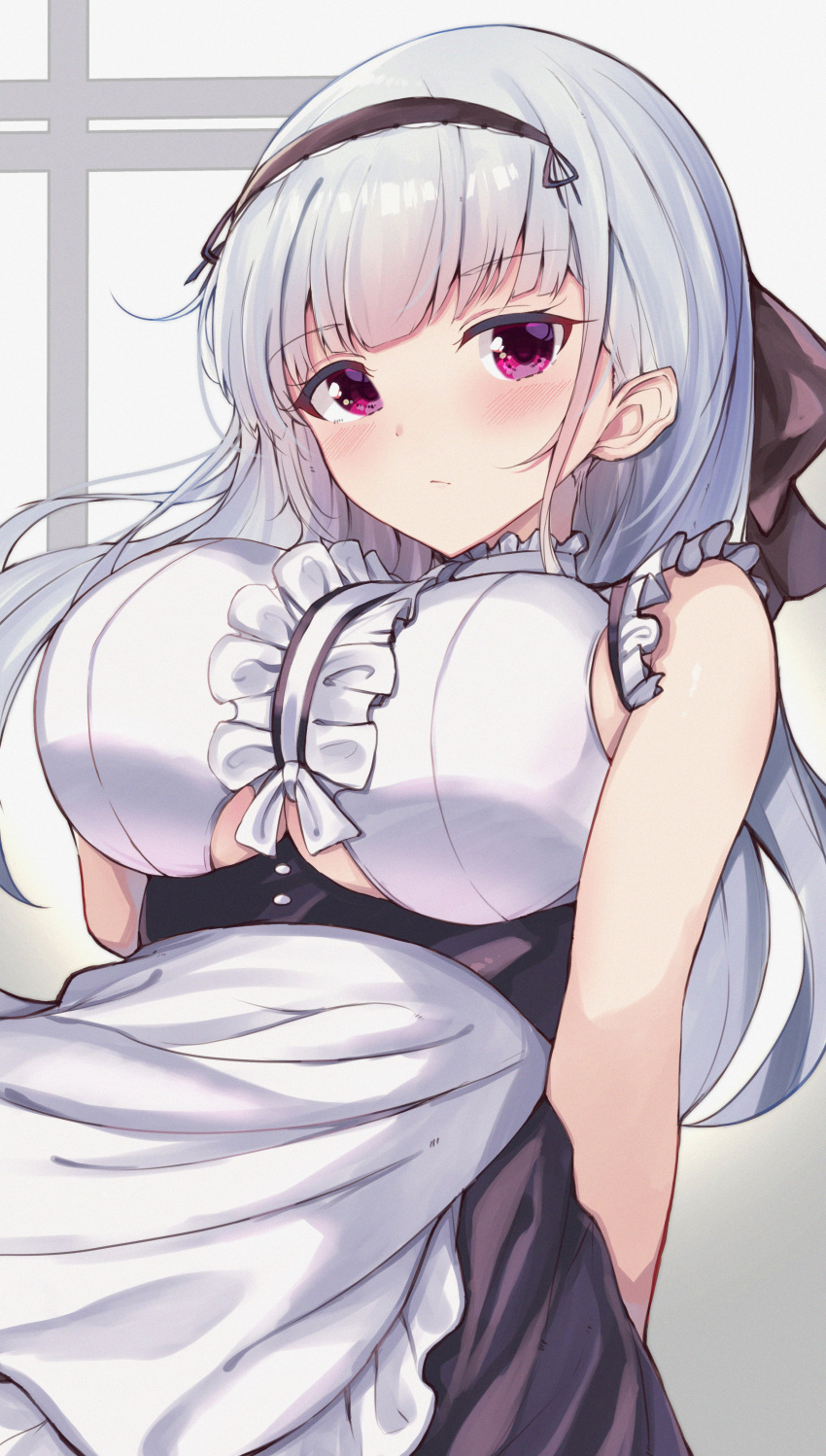 absurdres anchor_choker apron arm_behind_back azur_lane black_skirt blush breasts cleavage clothing_cutout commentary_request dido_(azur_lane) female hairband highres long_hair misonikomi photoshop_(medium) red_eyes shirt skirt sleeveless sleeveless_shirt solo underboob underboob_cutout waist_apron white_apron white_hair white_shirt