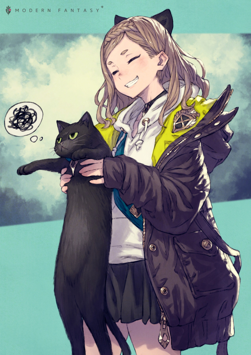 :< ^_^ animal black_bow black_cat black_jacket black_skirt blush bow braid braided_bangs brown_hair choker closed_eyes commentary_request cowboy_shot drawstring feline female flat_chest grin hair_behind_ear hairbow highres holding holding_animal hood hood_down hooded_jacket hoodie jacket jitome kusano_shinta long_sleeves looking_away open_clothes open_jacket original pleated_skirt pocket sanpaku skirt smile spoken_squiggle squiggle unzipped white_hoodie