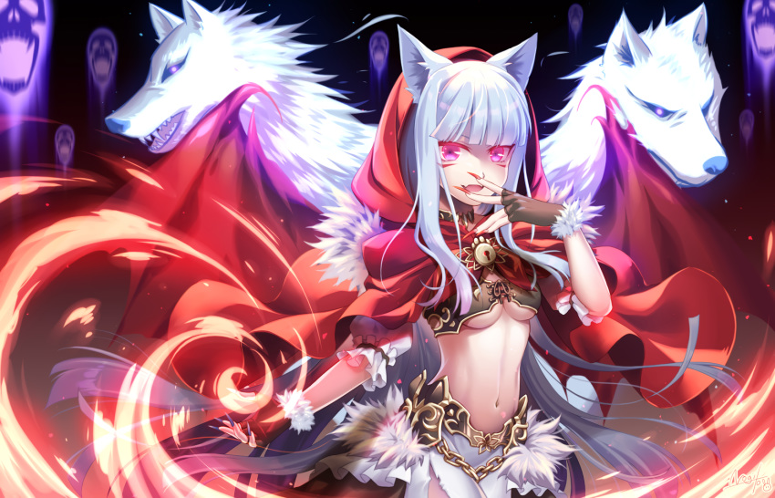 animal kureha_(sound_voltex) little_red_riding_hood long_hair navel nogi-to sound_voltex white_hair wolf