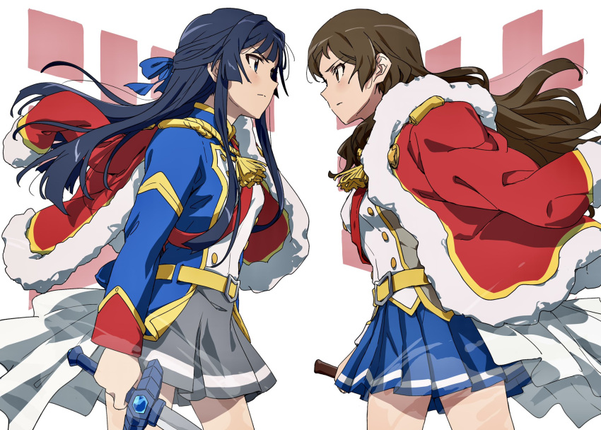 2girls aiguillette arm_at_side ayano_yuu_(sonma_1426) belt black_hair blue_bow blue_eyes blue_jacket blue_skirt blunt_bangs blush bow brown_eyes brown_hair buttons closed_mouth commentary_request cosplay cowboy_shot double-breasted epaulettes eye_contact faceoff floating_hair from_side fur-trimmed_jacket fur_trim grey_jacket grey_skirt hairbow half_updo highres holding holding_sword holding_weapon idolmaster idolmaster_million_live! jacket jacket_on_shoulders kitazawa_shiho long_hair long_sleeves looking_at_another miniskirt mogami_shizuka multiple_girls pleated_skirt profile red_jacket red_sash sash serious shoujo_kageki_revue_starlight sidelocks single_stripe skirt standing striped_clothes striped_skirt sword tassel text_background v-shaped_eyebrows waist_cape wavy_hair weapon white_background yellow_belt