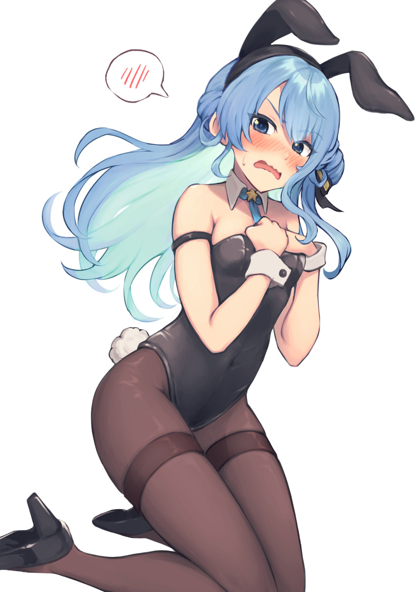 animal_ears aonikuro armband bare_shoulders black_leotard blue_eyes blue_hair blush breasts covered_navel fake_animal_ears fake_tail female hairband high_heels highres hololive hoshimachi_suisei leotard long_hair looking_at_viewer open_mouth pantyhose playboy_bunny rabbit_ears rabbit_tail simple_background small_breasts solo spoken_blush strapless strapless_leotard sweatdrop tail virtual_youtuber wavy_mouth white_background wrist_cuffs