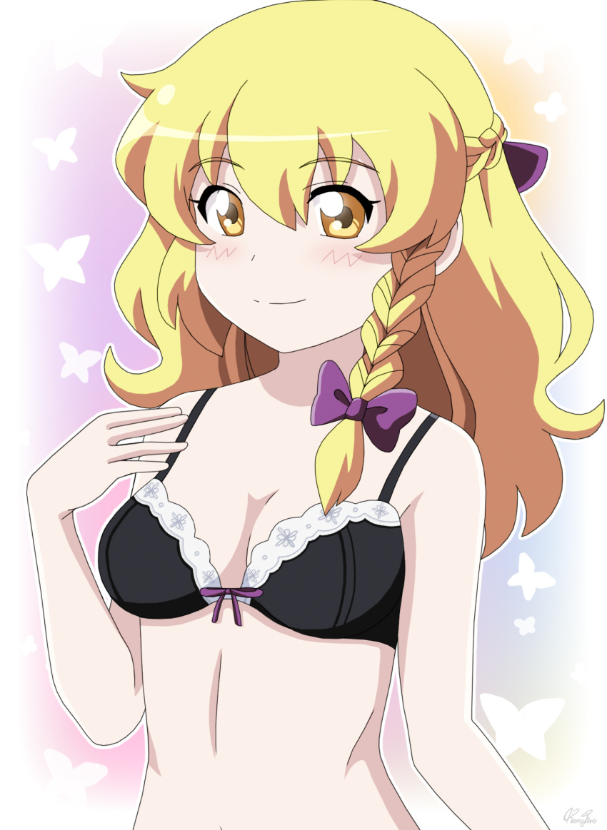 bad_id bad_pixiv_id bare_shoulders black_bra blonde_hair blush bow bra braid breasts bug butterfly cleavage closed_mouth female hair_between_eyes hairbow hand_up highres kirisame_marisa looking_at_viewer lunamoon_(style) medium_breasts medium_hair no_headwear pink_background purple_bow remyfive single_braid smile solo touhou underwear yellow_eyes