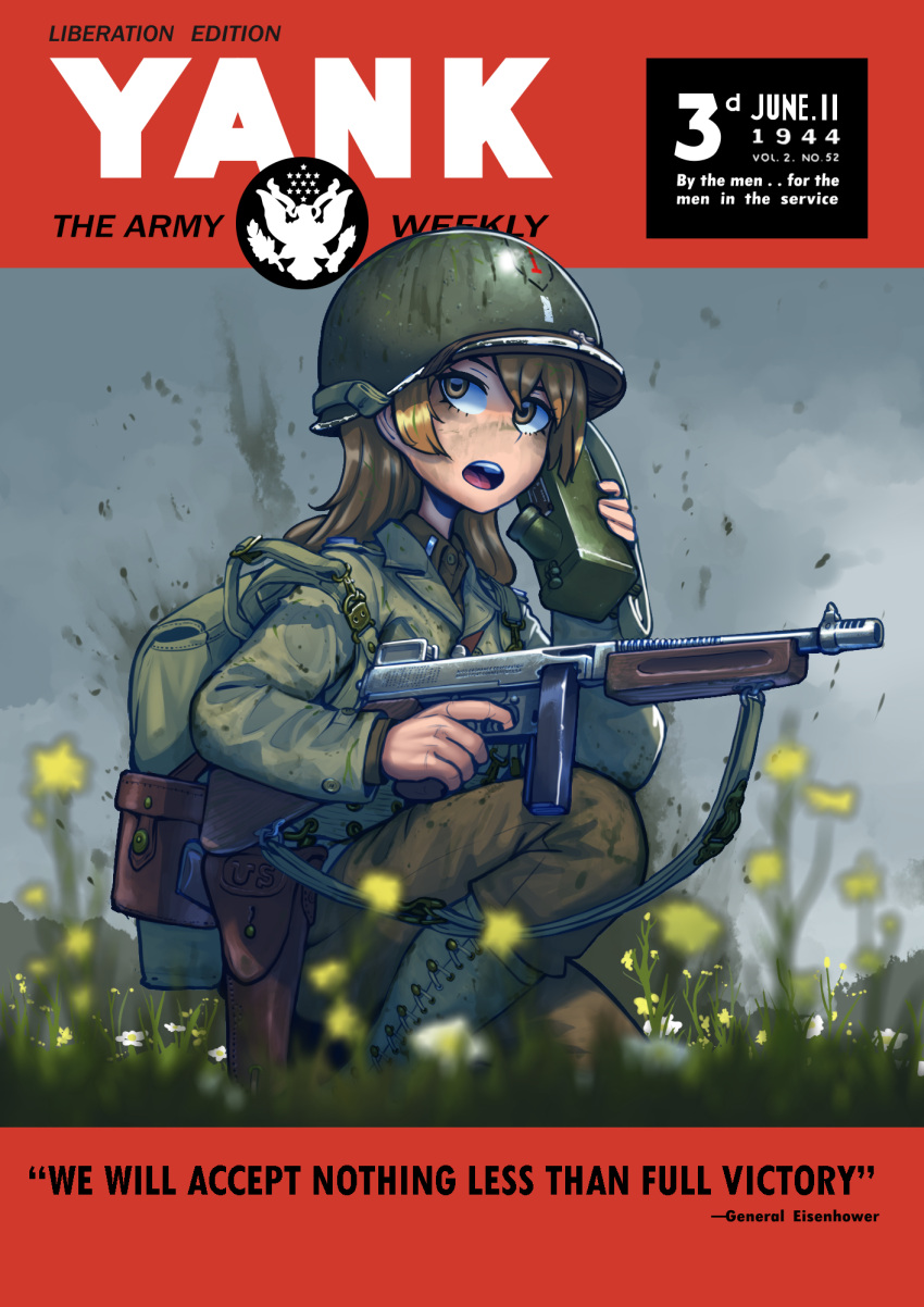 1st_infantry_division_(us_army) backpack bag blue_sky blurry blurry_foreground boots brown_eyes brown_hair brown_pants character_name combat_boots combat_helmet commentary cover dated day english_commentary english_text erica_(naze1940) fake_cover fake_magazine_cover feet_out_of_frame female field field_radio finger_on_trigger flower grass green_bag green_footwear green_helmet green_jacket gun gun_sling handgun helmet highres holding holding_gun holding_radio holding_weapon holstered insignia jacket long_hair long_sleeves looking_to_the_side m1_helmet magazine_cover military military_jacket military_uniform on_grass open_mouth original outdoors pants sky smoke soldier solo squatting submachine_gun teeth thompson_submachine_gun tongue uniform united_states_army upper_teeth_only weapon white_flower world_war_ii yellow_flower