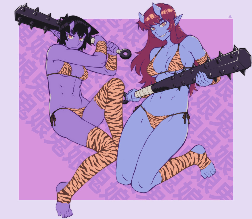 2girls abs animal_print aoi_(ittla) bikini black_hair blue_skin breasts club_(weapon) colored_skin commentary detached_sleeves full_body grin highres horns ittla kanabou long_hair looking_at_viewer medium_breasts multiple_girls muscular muscular_female navel oni_horns orange_eyes original pointy_ears print_bikini print_leggings print_sleeves purple_skin red_hair sharp_teeth short_hair side-tie_bikini_bottom slit_pupils smile socks spiked_club stirrup_legwear stomach string_bikini swimsuit teeth text_background thick_eyebrows tiger_print toeless_legwear translated ume_(ittla) weapon yellow_eyes