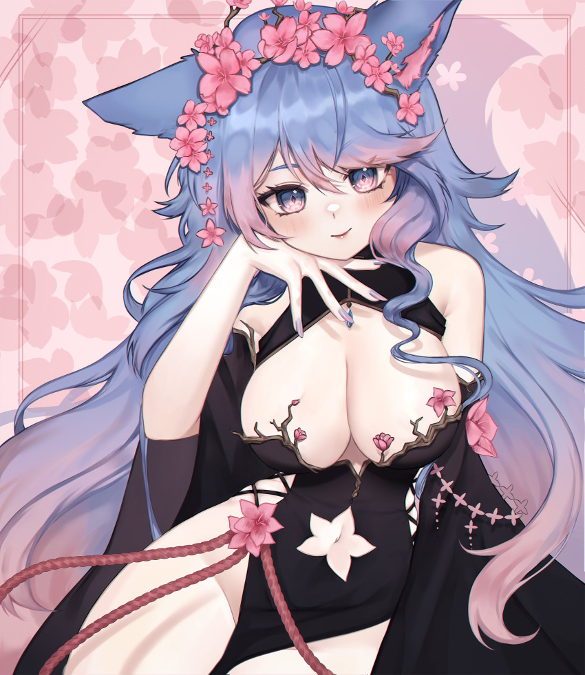 animal_ears black_kimono black_sleeves blue_eyes blue_hair blue_nails blush breasts cherry_blossom_print cherry_blossoms cleavage cleavage_cutout clothing_cutout commentary detached_sleeves english_commentary female floral_print flower fluffy_hair hair_flower hair_ornament highres hip_vent japanese_clothes kimono large_breasts long_hair looking_at_viewer nail_polish navel navel_cutout pink_hair silvervale silvervale_(sakura_goddess) sky_above_me solo virtual_youtuber vshojo wolf_ears wolf_girl