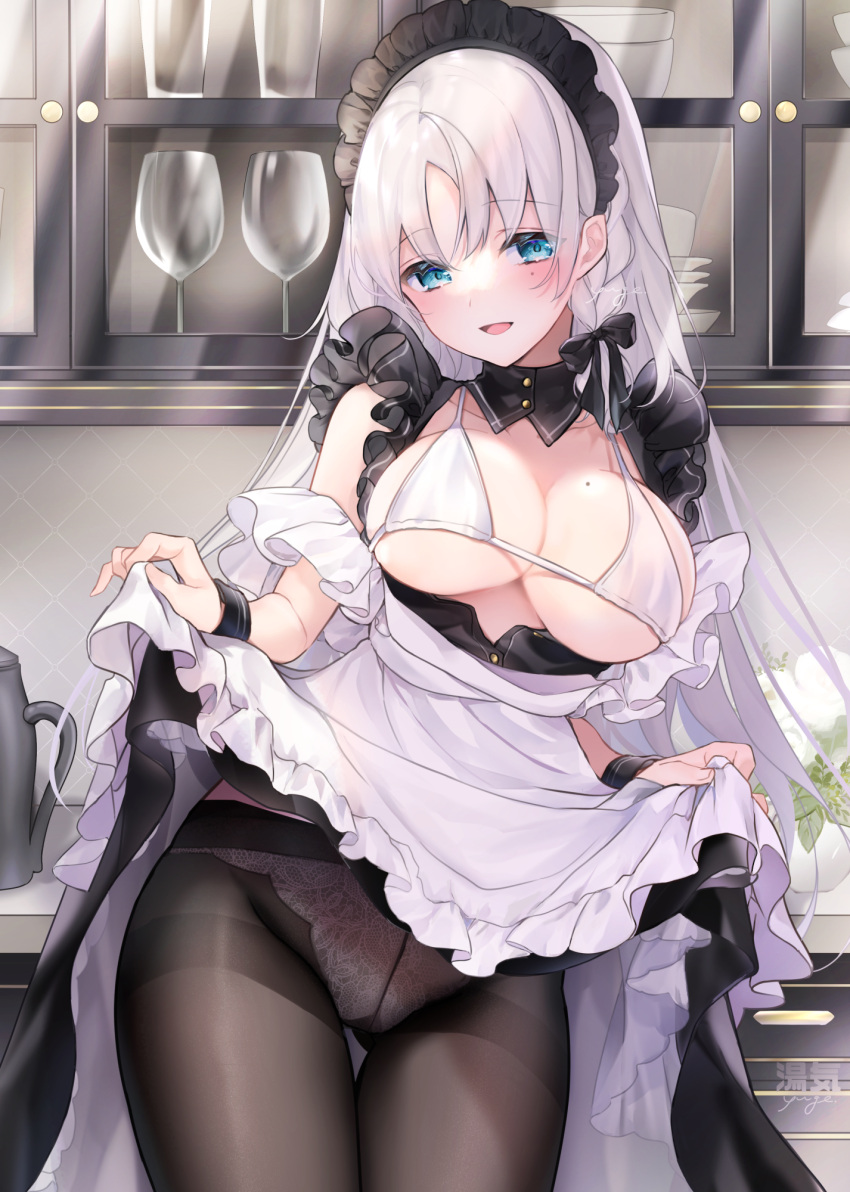 :d apron black_dress black_pantyhose blue_eyes bra breasts commentary_request cup dress drinking_glass female frilled_apron frills hair_between_eyes highres indoors large_breasts long_hair looking_at_viewer maid maid_apron mole mole_on_breast original panties panties_under_pantyhose pantyhose smile solo thighband_pantyhose underwear very_long_hair white_apron white_bra white_hair white_panties wine_glass yukimiya_yuge