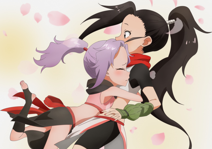 2girls absurdres black_gloves fingerless_gloves fingernails gloves high_ponytail highres hug kunoichi_tsubaki_no_mune_no_uchi long_hair midriff multiple_girls nail_polish newgame_peco ninja parted_bangs purple_hair sazanka_(kunoichi_tsubaki_no_mune_no_uchi) sidelocks toeless_legwear toenail_polish toenails tsubaki_(kunoichi_tsubaki_no_mune_no_uchi)