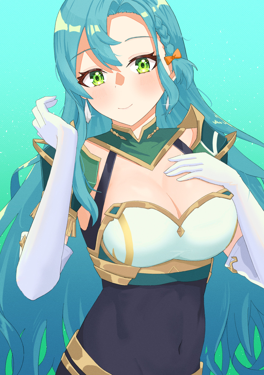 absurdres aqua_background aqua_hair armor blush breastplate breasts chloe_(fire_emblem) commentary covered_navel female fire_emblem fire_emblem_engage gloves green_eyes hand_on_own_chest hands_up highres keaworks large_breasts long_hair looking_at_viewer shoulder_armor smile solo upper_body very_long_hair white_gloves