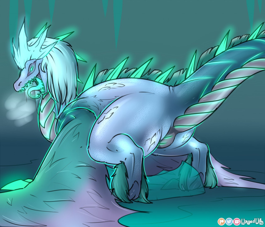 2019 ambiguous_gender auroth_the_winter_wyvern bioluminescence biped claws digital_media_(artwork) digitigrade dota dragon european_mythology female_(lore) feral glowing hair looking_at_viewer mythological_creature mythological_scalie mythology open_mouth reptile scales scalie simple_background smile solo steam tail text thick_thighs tongue western_dragon wide_hips wingedwilly wings wyvern