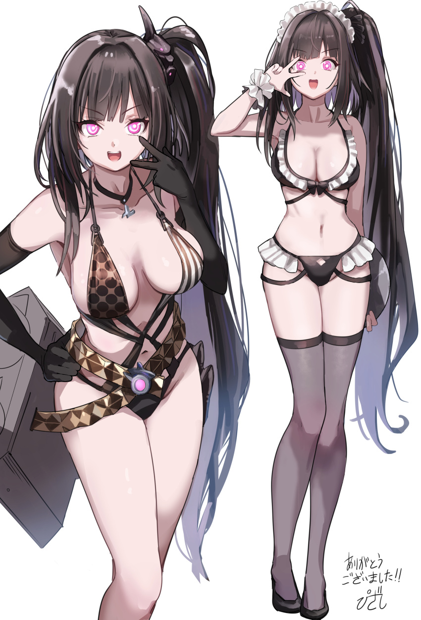 :d absurdres architect_(girls'_frontline) architect_(nvw_model)_(girls'_frontline) bare_shoulders bikini black_bikini black_footwear black_gloves black_hair breasts cleavage collarbone commentary_request elbow_gloves female frilled_bikini frills girls'_frontline gloves glowing glowing_eyes grey_legwear hair_intakes hand_on_own_hip highres holding holding_tray long_hair medium_breasts multiple_views navel one_side_up pizzasi purple_eyes sangvis_ferri shoes signature simple_background smile standing swimsuit thighhighs tray v-shaped_eyebrows v_over_eye very_long_hair white_background wrist_cuffs