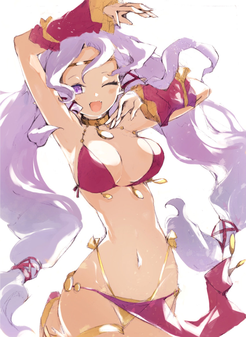 arms_up bikini blush breasts cheerleader_(disgaea) choker dancer detached_sleeves disgaea eyelashes female gold_choker gold_circlet highres jewelry kakuwashi large_breasts loincloth long_hair looking_at_viewer low-tied_long_hair makai_senki_disgaea makai_senki_disgaea_3 narrow_waist navel oerba_yun_fang one_eye_closed open_mouth pendant_choker purple_eyes purple_hair sidelocks skin_fang smile solo standing standing_on_one_leg swimsuit very_long_hair wavy_hair white_background