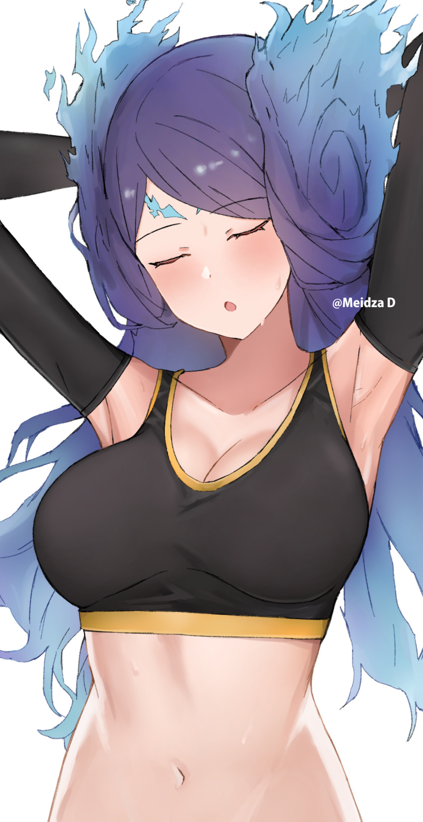 absurdres armpits arms_behind_head breasts brighid_(xenoblade) closed_eyes cosplay elbow_gloves female fiery_hair gloves gradient_hair highres large_breasts meidza_d multicolored_hair navel sena_(xenoblade) sena_(xenoblade)_(cosplay) solo sports_bra stomach sweat upper_body xenoblade_chronicles_(series) xenoblade_chronicles_2 xenoblade_chronicles_3