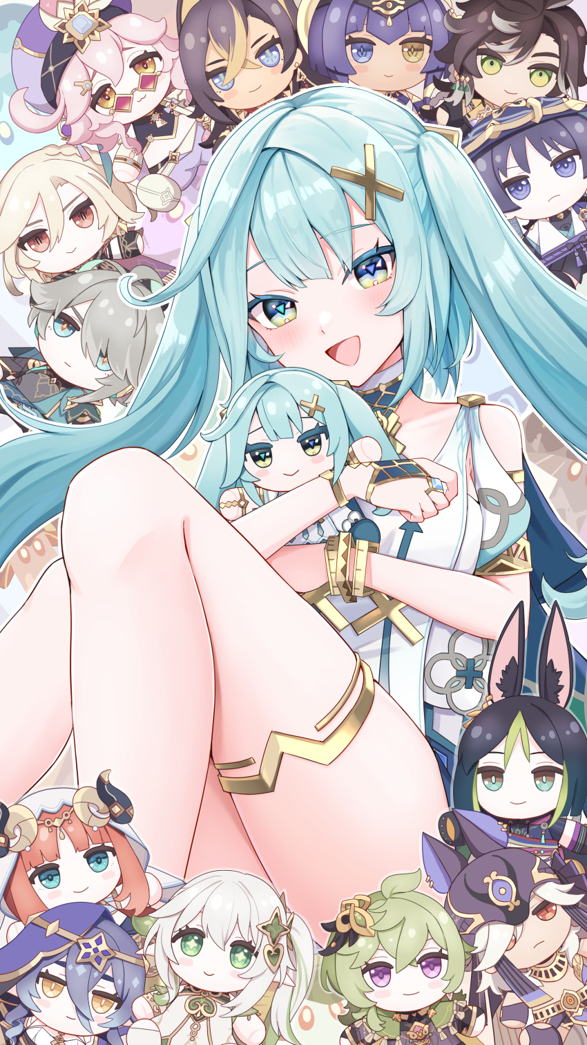 :d absurdres alhaitham_(genshin_impact) animal_ears aqua_eyes aqua_hair blonde_hair blue_hair blush_stickers bracelet brown_hair candace_(genshin_impact) character_doll collei_(genshin_impact) colored_eyelashes commission cyno_(genshin_impact) dehya_(genshin_impact) dori_(genshin_impact) dress faruzan_(genshin_impact) female fox_ears genshin_impact green_eyes green_hair grey_hair hair_ornament heterochromia highres jewelry kaveh_(genshin_impact) knees_up layla_(genshin_impact) long_hair looking_at_viewer nahida_(genshin_impact) nilou_(genshin_impact) open_mouth pink_hair pixiv_commission red_eyes red_hair scaramouche_(genshin_impact) sethos_(genshin_impact) side_ponytail sitting smile sunglasses thighs tighnari_(genshin_impact) twintails ura_(hamburg_oniku) wanderer_(genshin_impact) white_dress white_hair x_hair_ornament yellow_eyes