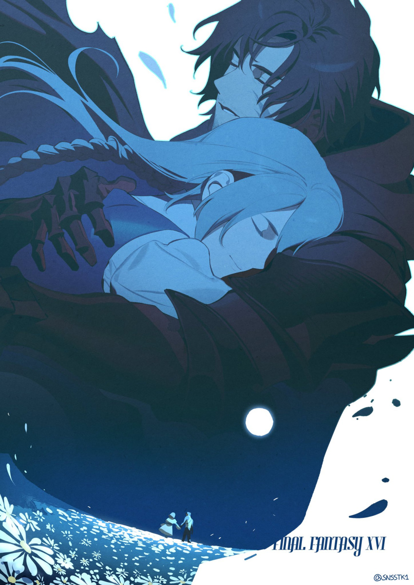 1boy black_cape braid cape clive_rosfield closed_eyes couple female final_fantasy final_fantasy_xvi flower highres holding_hands hug jill_warrick long_hair moon night night_sky short_hair simple_background sky snsstk1 white_flower