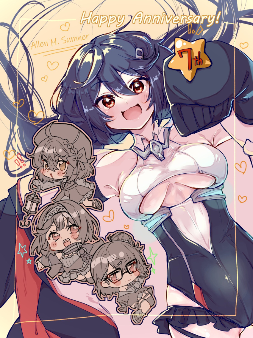 ! !! 4girls allen_m._sumner_(azur_lane) anniversary azur_lane beret blue_hair bow breasts bristol_(azur_lane) character_name chibi clothing_cutout cooper_(azur_lane) detached_sleeves glasses hairband hairbow hat heart highres holding holding_lantern ingraham_(azur_lane) lantern long_hair looking_at_viewer medium_breasts multiple_girls nasu569083 notice_lines open_mouth pleated_skirt rectangular_eyewear red_eyes skirt sleeves_past_fingers sleeves_past_wrists smile star_(symbol) underboob underboob_cutout very_long_hair