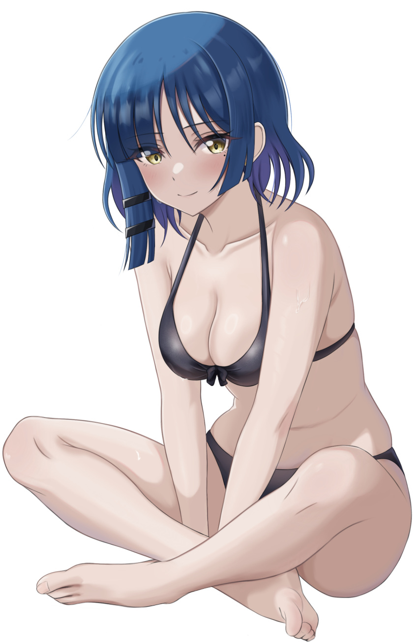 absurdres asymmetrical_bangs asymmetrical_sidelocks bare_legs barefoot bikini black_bikini blue_hair bocchi_the_rock! breasts cleavage closed_mouth collarbone commentary_request female highres indian_style makise_(mix020511) medium_breasts mole mole_under_eye simple_background sitting smile solo swimsuit toes wet white_background yamada_ryo yellow_eyes