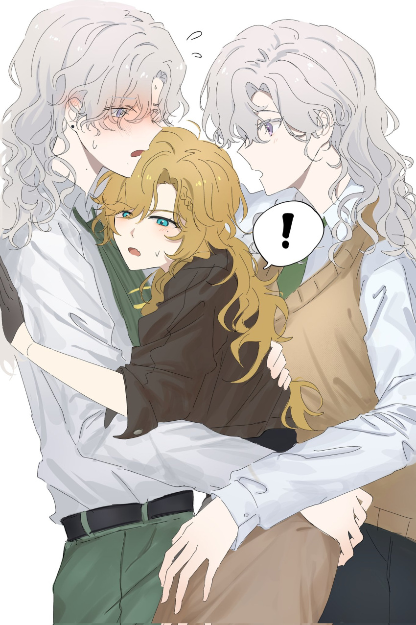 3girls blonde_hair blue_eyes blush flying_sweatdrops girl_sandwich group_sex highres hug multiple_girls nishiyos reverse:1999 sandwiched shirt threesome vila_(reverse:1999) white_shirt windsong_(reverse:1999)