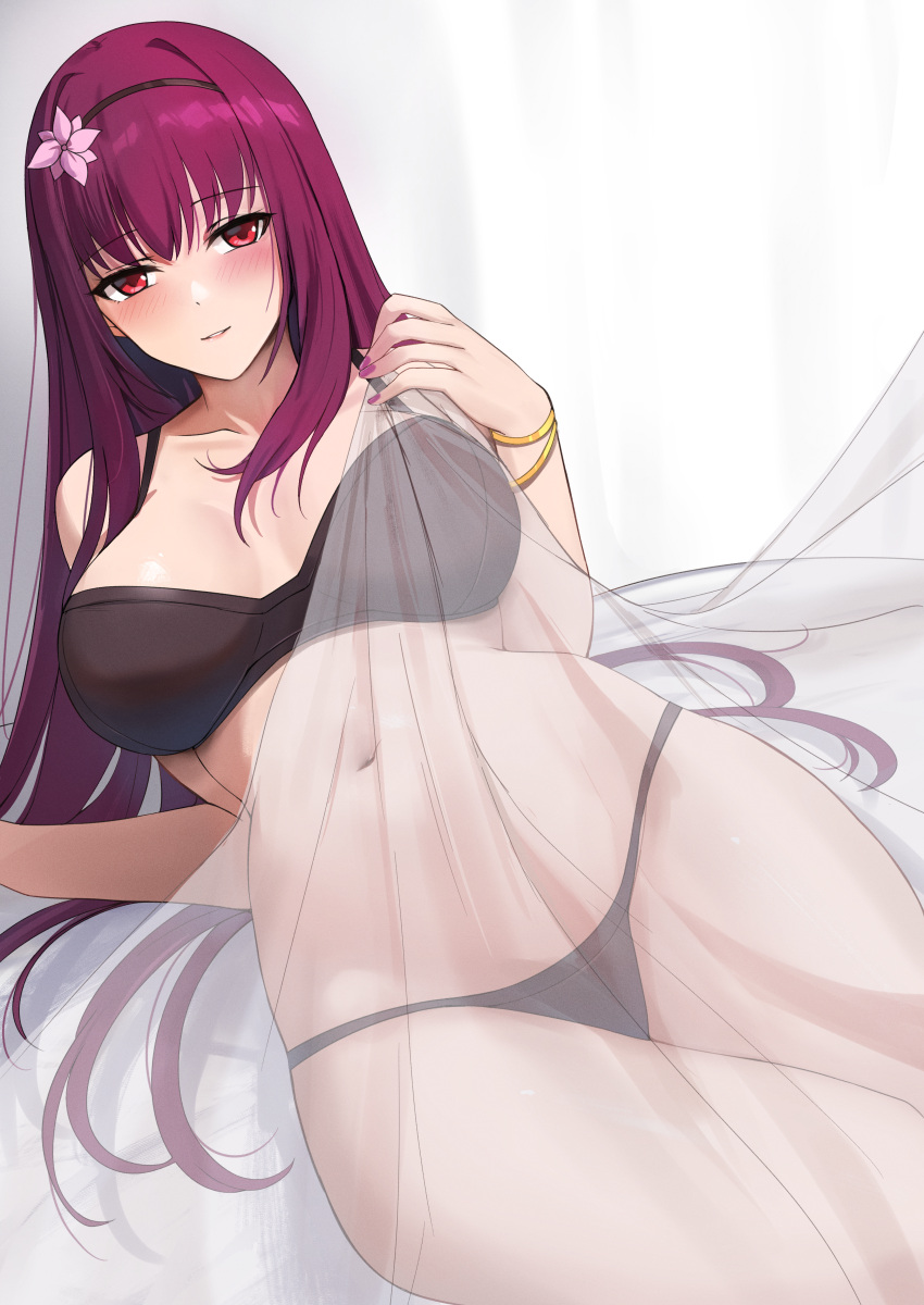 absurdres bed bed_sheet black_bra black_panties blush bra bracelet breasts commission commissioner_upload fate/grand_order fate_(series) female flower_hairband hair_intakes highres holding holding_sheet jewelry kauru00 large_breasts long_hair looking_at_viewer navel non-web_source panties purple_hair red_eyes scathach_(fate) see-through smile solo underwear