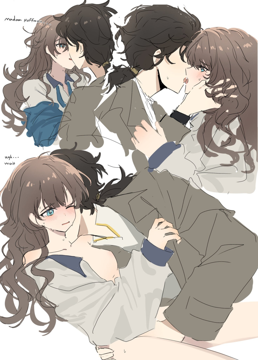 blue_eyes blush brown_hair fingering french_kiss greta_hofmann highres kissing marcus_(reverse:1999) nishiyos reverse:1999 vaginal_penetration yuri