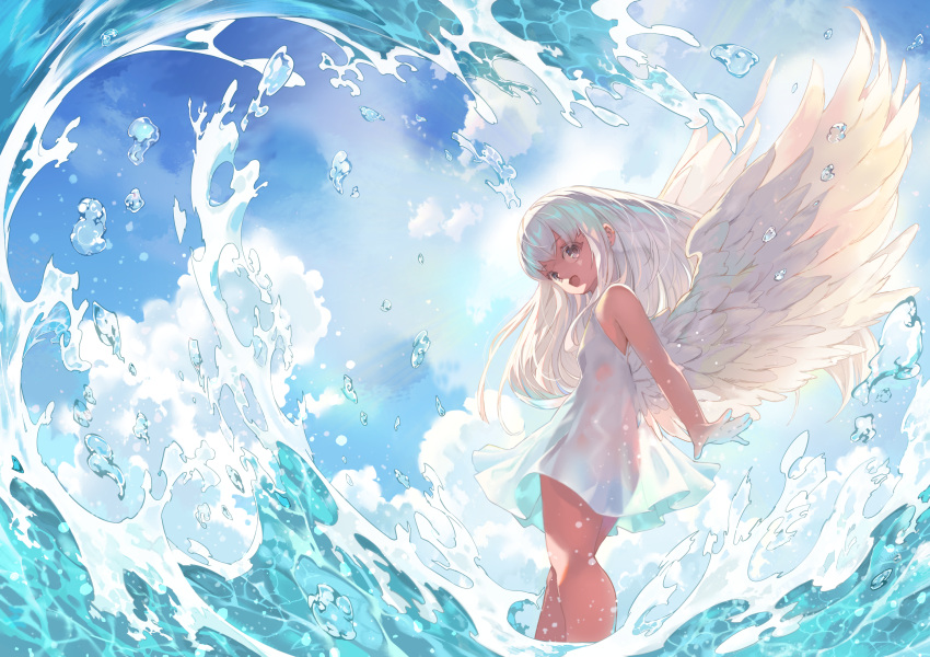 day dress feathered_wings female grey_eyes highres looking_at_viewer open_mouth original ryouku solo water white_dress white_hair white_wings wings