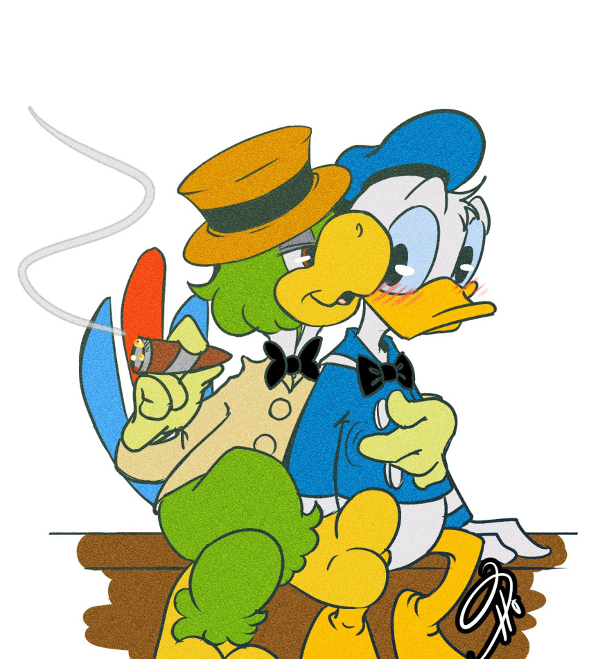 anatid anseriform anthro avian beak bird blue_eyes blush clothing diogxnxs disney donald_duck duck duo flirting hat headgear headwear hi_res jose_carioca male male/male parrot sailor_hat sailor_uniform