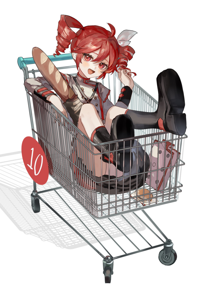 absurdres ahoge baguette black_footwear boots bow bread burger buttons car double-breasted female fingernails food full_body grey_jacket grey_skirt hair_ribbon hairbow hand_up highres in_shopping_cart jacket kasane_teto kasane_teto_(sv) layered_skirt looking_at_viewer motor_vehicle nemari_(user_wtca7244) open_mouth red_eyes red_hair red_nails red_trim ribbon shadow shopping_cart shoulder_belt skirt sleeve_cuffs solo synthesizer_v utau white_background white_bow white_ribbon