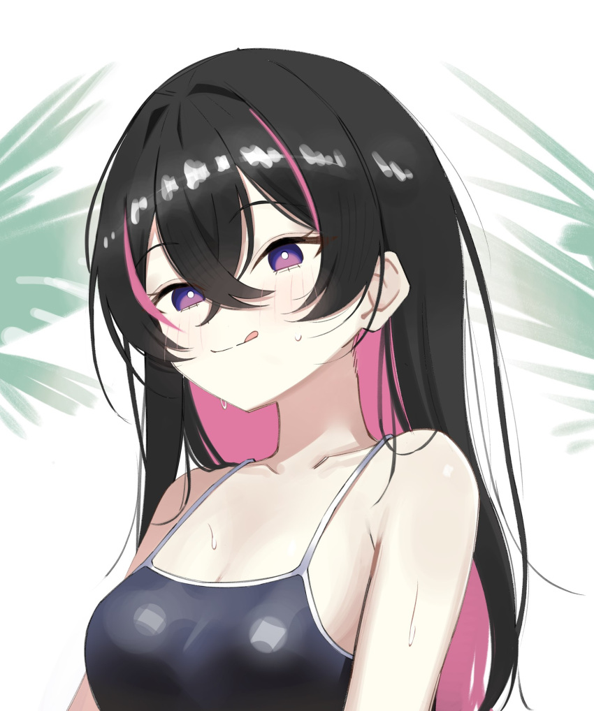 :q alternate_hair_length alternate_hairstyle black_hair blue_one-piece_swimsuit blush breasts collarbone colored_inner_hair commentary_request crossed_bangs female hair_between_eyes highres indonesian_commentary long_hair looking_at_viewer medium_breasts multicolored_hair one-piece_swimsuit original pink_hair purple_eyes sambel_kacang1 school_swimsuit sidelocks solo streaked_hair swimsuit tongue tongue_out upper_body wet