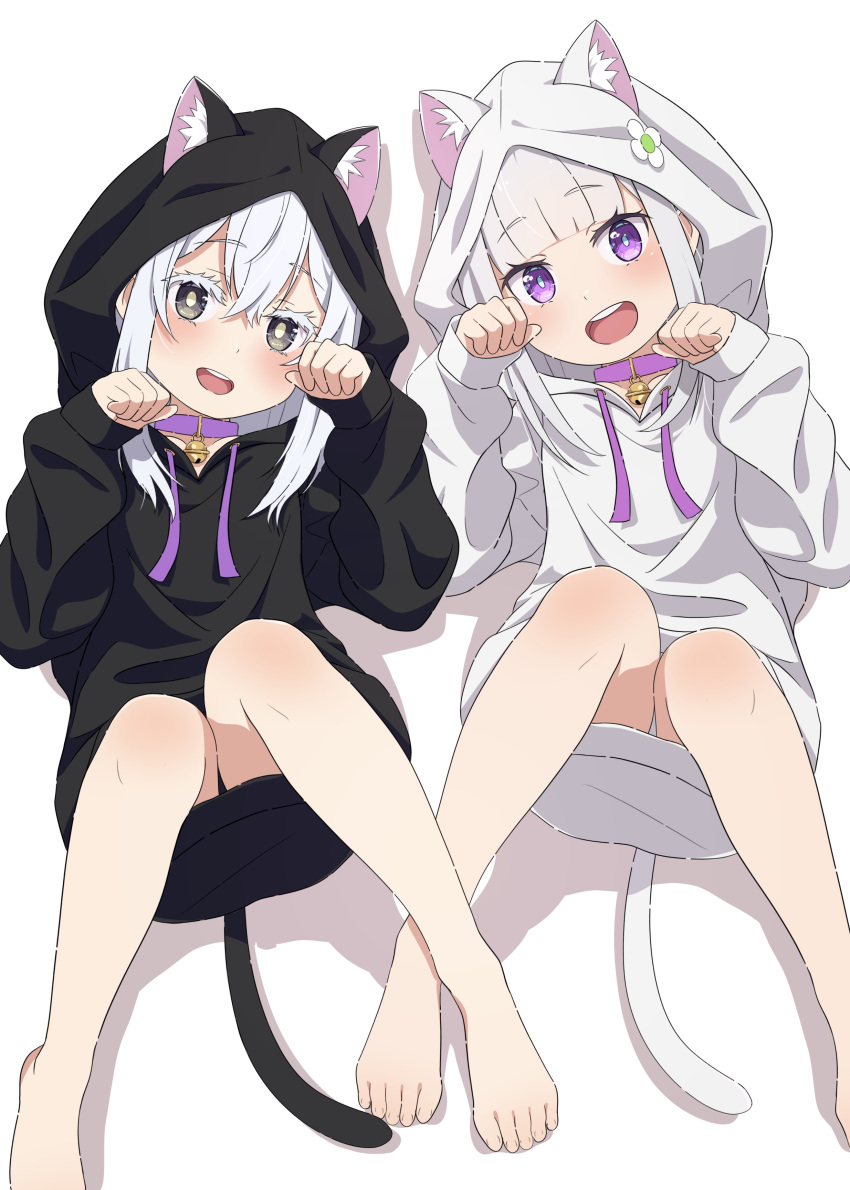 2girls absurdres animal_ears animal_hood barefoot bell black_eyes black_hood blush camui1104 cat_ears cat_hood cat_tail choker echidna_(re:zero) emilia_(re:zero) highres hood jingle_bell looking_at_viewer multiple_girls open_mouth paw_pose pink_choker purple_eyes re:zero_kara_hajimeru_isekai_seikatsu simple_background smile tail white_background white_hair white_hood