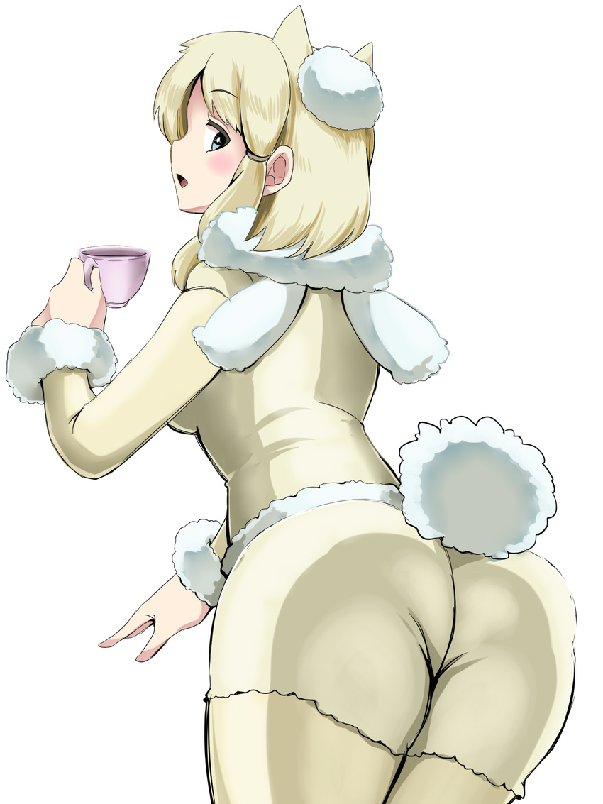 :o alpaca_ears alpaca_suri_(kemono_friends) alpaca_tail animal_ears ass bad_id bad_pixiv_id blonde_hair blue_eyes blush cup female from_behind fur_collar grey_eyes highres kemono_friends long_sleeves looking_back neko_nami83 open_mouth pantyhose shorts simple_background solo tail teacup white_background