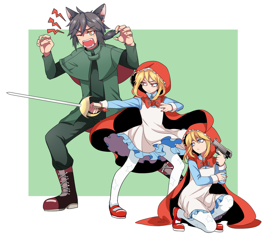 2boys akazukin_no_ookami animal_ears blonde_hair blue_eyes brown_hair camille_(akazukin_no_ookami) cape capelet commentary_request dress dual_persona fangs female gun highres hood juliet_sleeves long_sleeves multiple_boys pantyhose ponytail puffy_sleeves red_hood rosetta_(akazukin_no_ookami) shi_jun_ti short_hair spoilers ster_(akazukin_no_ookami) sword weapon wolf_ears yellow_eyes