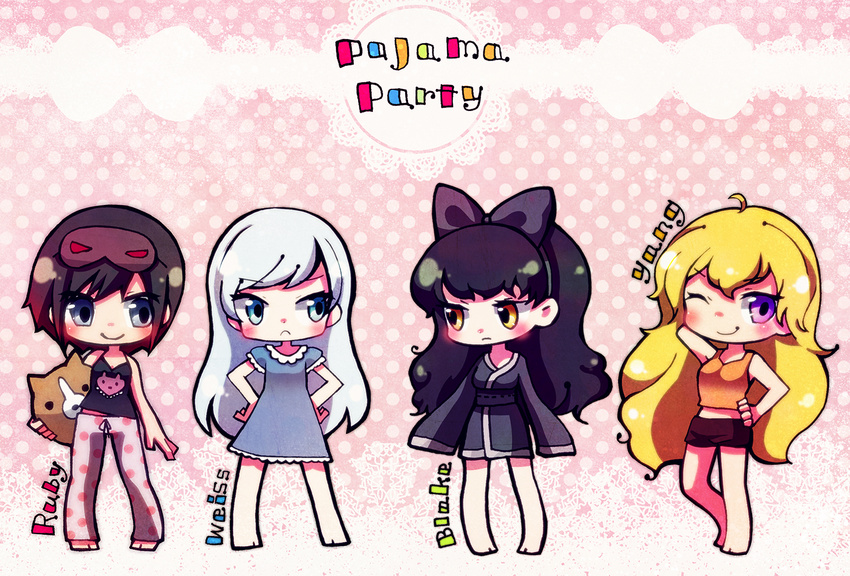 4girls black_hair blake_belladonna character_name chibi frown hands_on_hips mizoreame multiple_girls pajamas ruby_rose rwby smile stuffed_animal stuffed_toy weiss_schnee white_hair yang_xiao_long